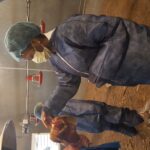Forsyth County 4-H'er pets a hen held by another person.