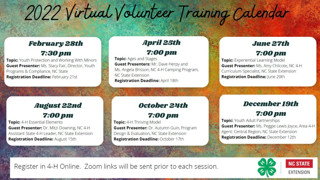 A mottled green and gold background, with the description of six virtual volunteer trainings available to all approved 4-H Volunteers.