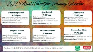 A mottled green and gold background, with the description of six virtual volunteer trainings available to all approved 4-H Volunteers.