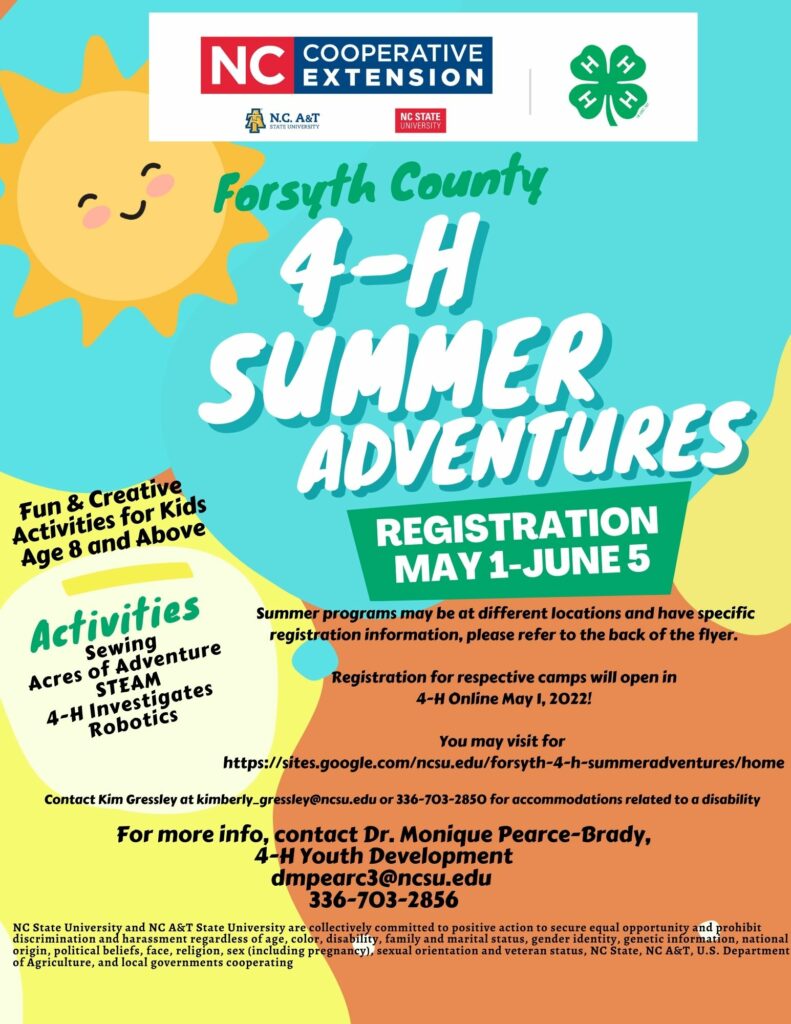 A flier for 4-H Summer Adventures, registration May 1 - June 5.