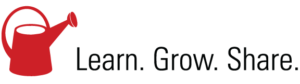 Image of a red watering can, with the words "Learn. Grow. Share." to the right