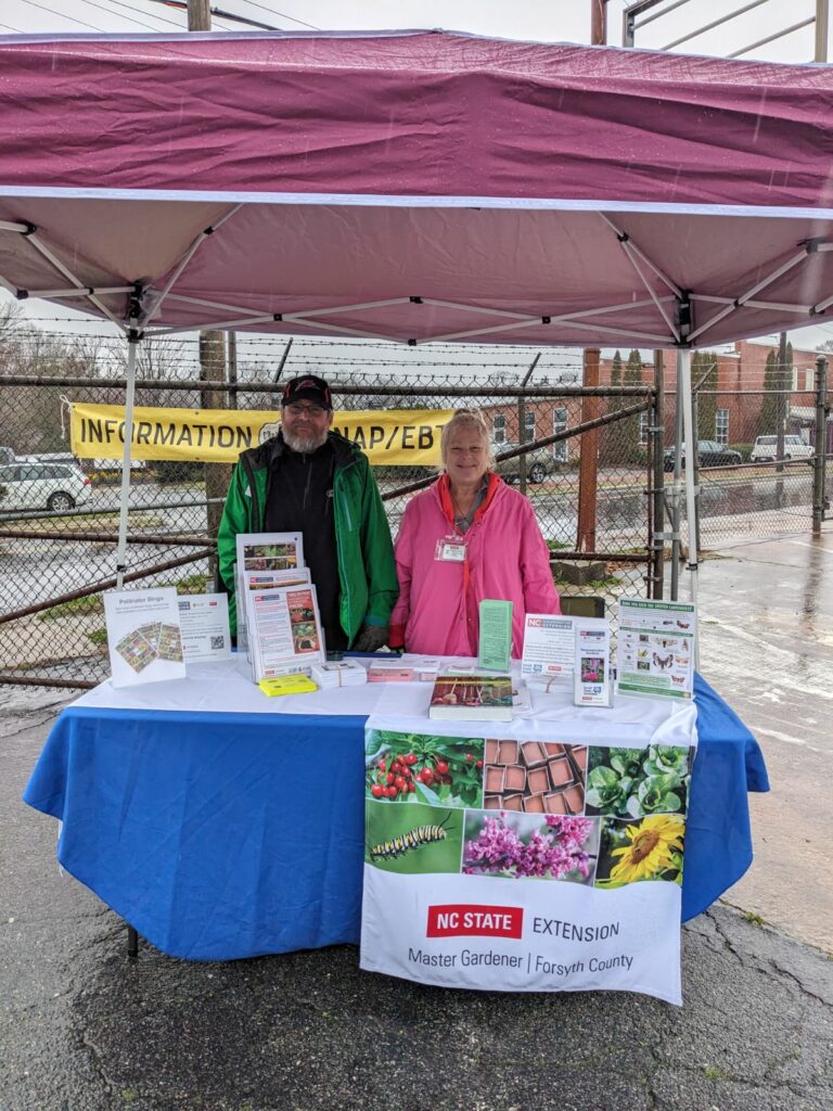 Two volunteers at an informational booth.