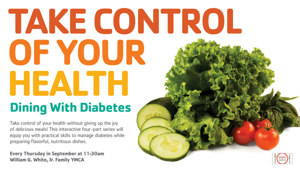 image of the words "Take Control of your Health" and on the side there is lettuce cucumbers and tomatoes
