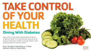 image of the words "Take Control of your Health" and on the side there is lettuce cucumbers and tomatoes